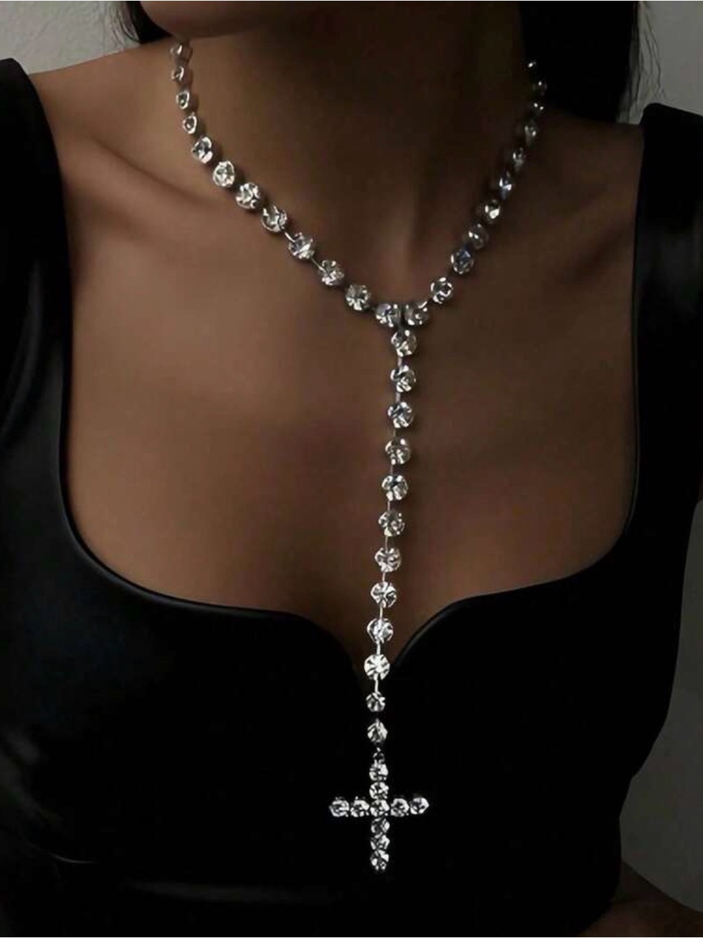Crystal Y-Necklace with Cross Pendant